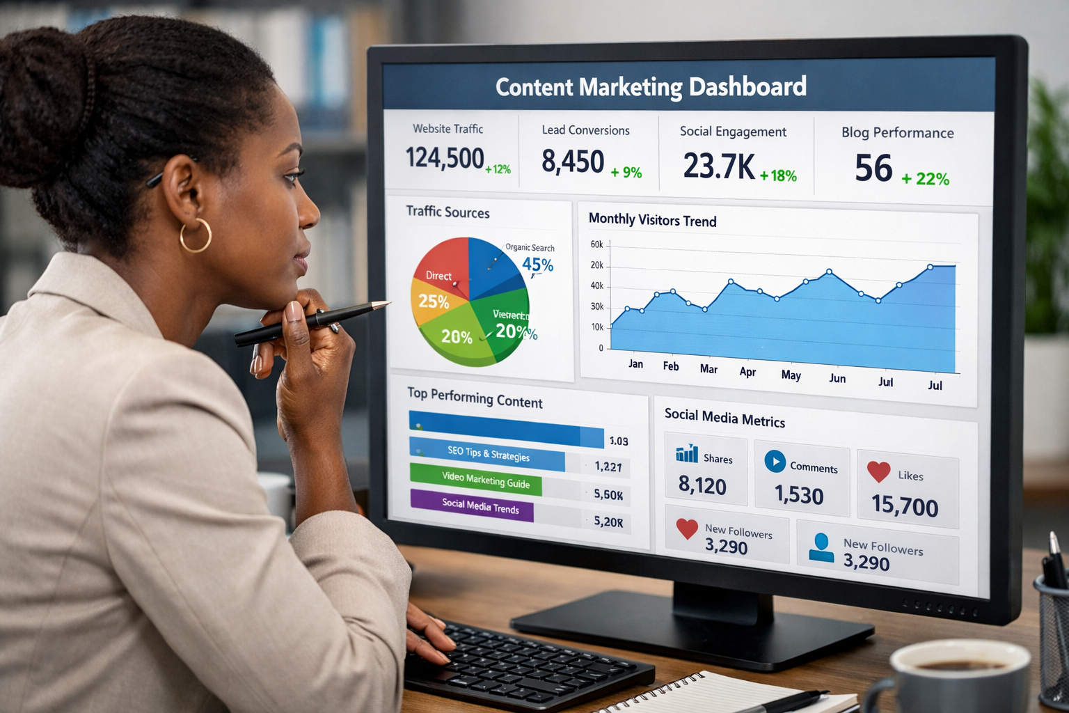 Professional marketer analyzing content marketing dashboard with performance metrics and analytics on computer screen