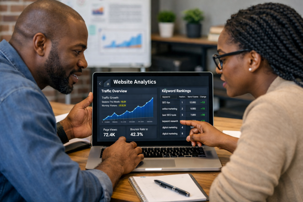 SEO coach analyzing website analytics dashboard on laptop showing traffic growth and keyword rankings