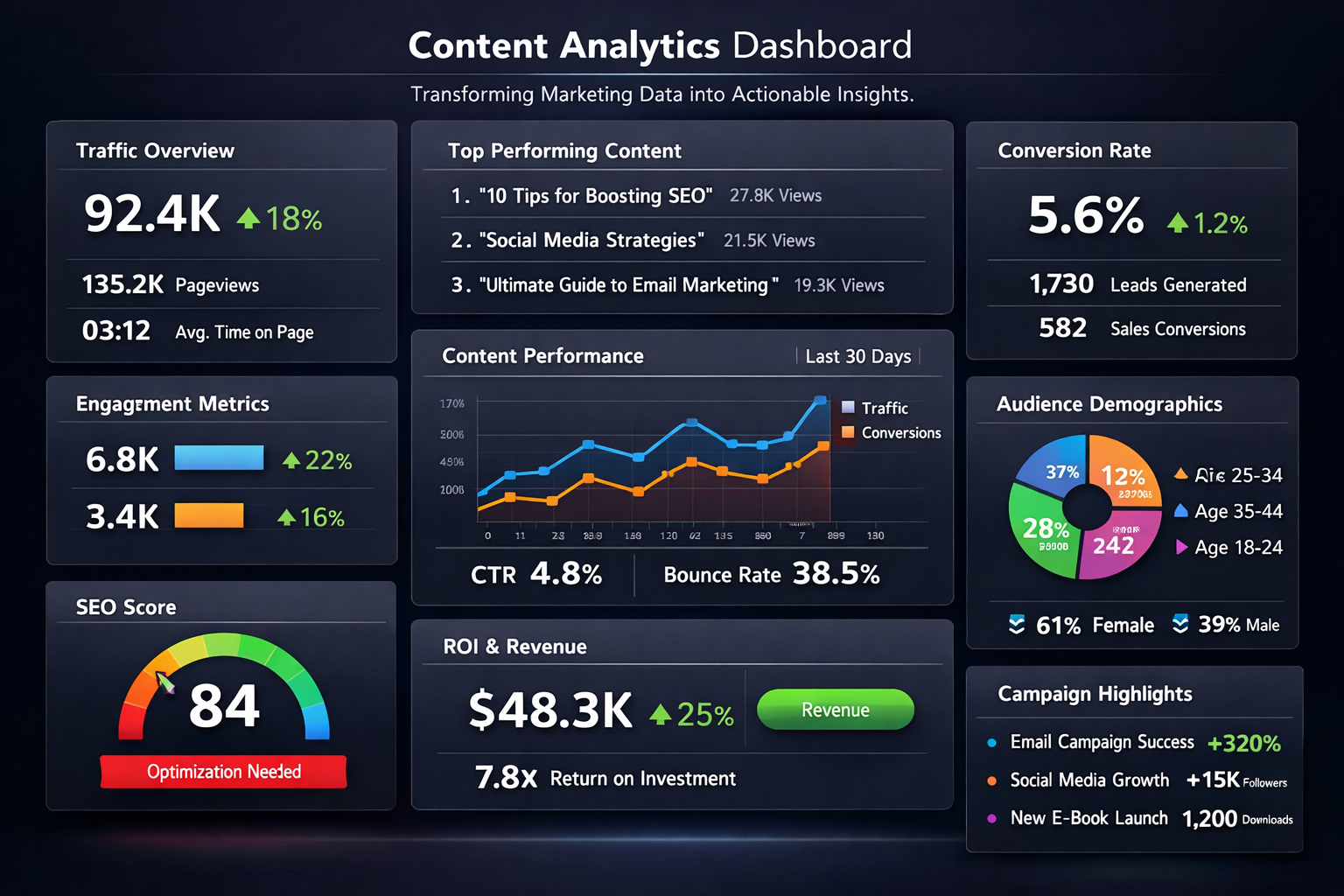 Content analytics dashboard transforming marketing data into actionable insights and measurable wins