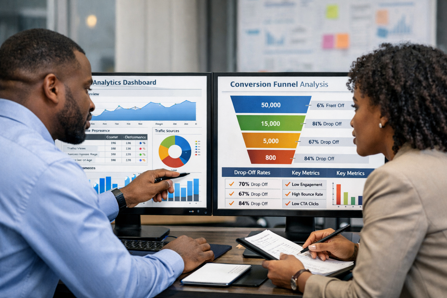 marketing professionals reviewing analytics dashboards and a conversion funnel on dual monitors, analyzing content conversion performance