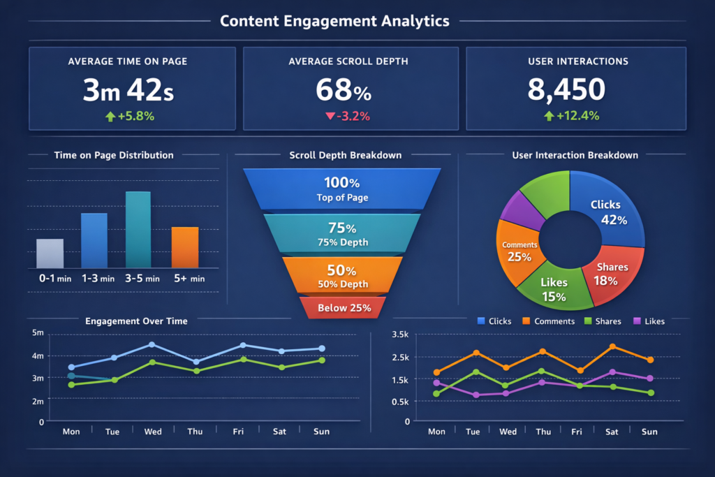 Content engagement analytics dashboard displaying key metrics including time on page, scroll depth, and user interaction data