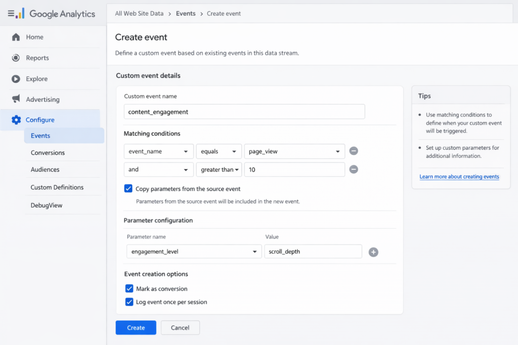 Google Analytics interface showing how to configure content engagement tracking and set up custom events