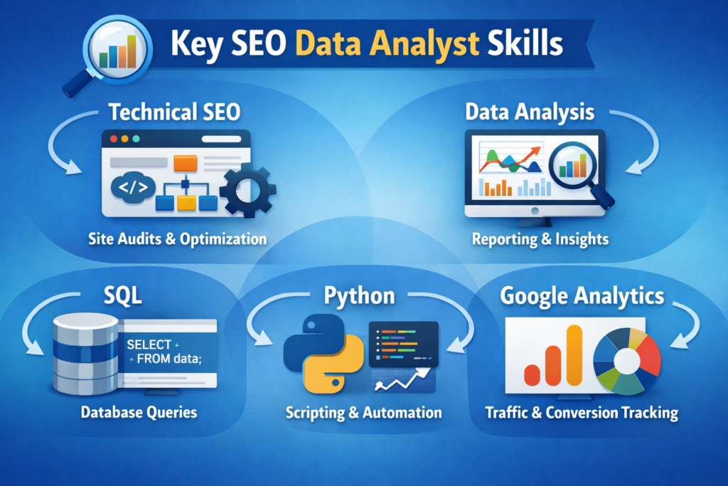 Infographic showing essential SEO data analyst skills with icons