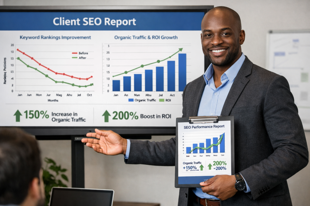 SEO coach presenting client report with clear graphs showing improved search rankings and increased organic traffic ROI