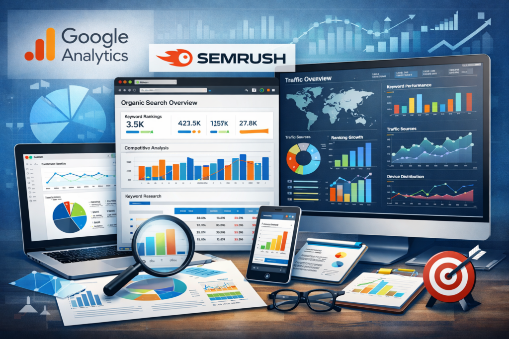 Dashboard screenshot showing various SEO analytics tools