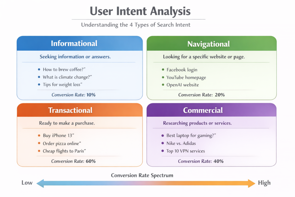 User intent analysis framework showing four main types of search intent with examples and conversion statistics