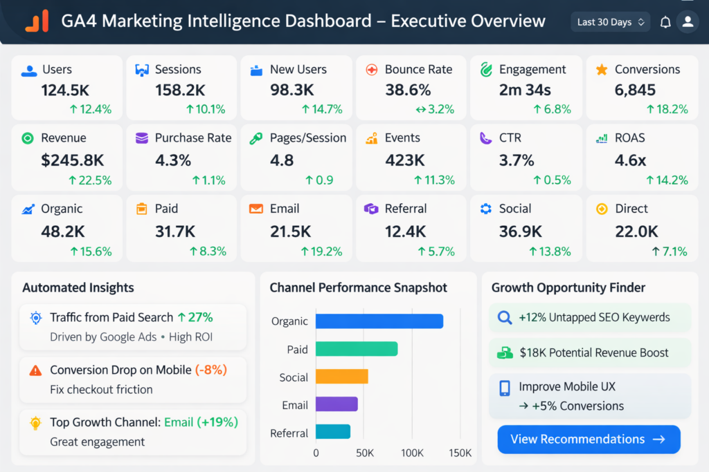 GA4 Marketing Intelligence Dashboard showing automated insights and KPI cards
