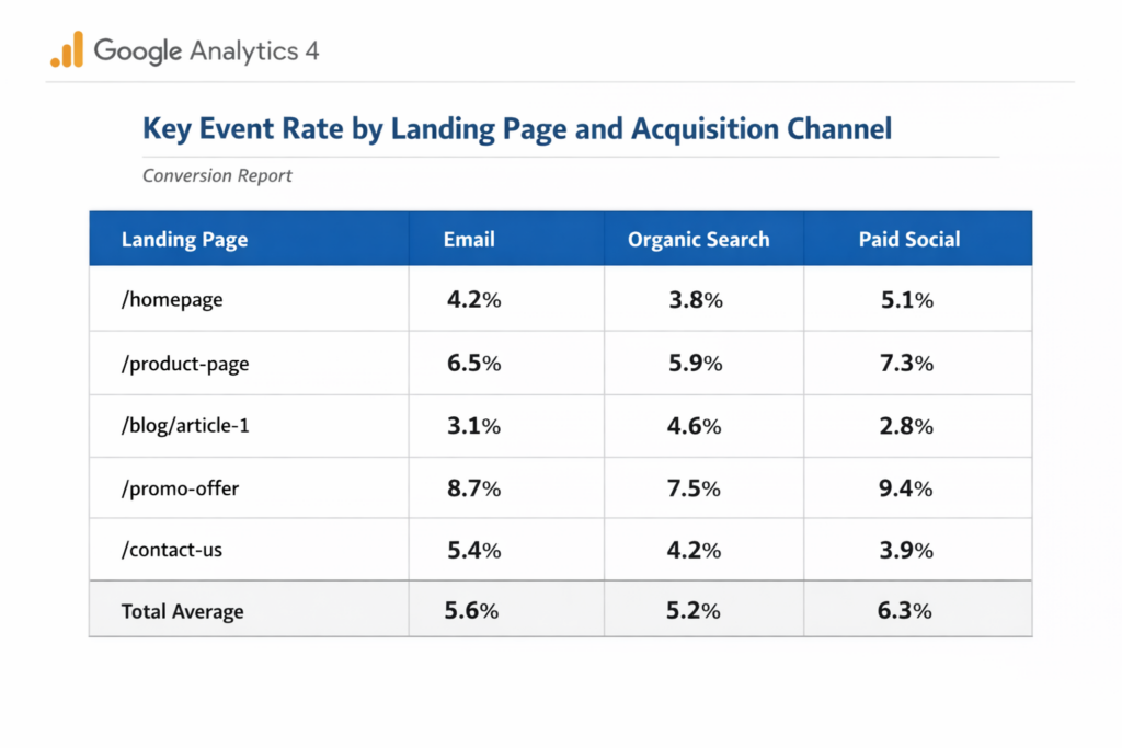 GA4 conversion report showing key events by page and channel