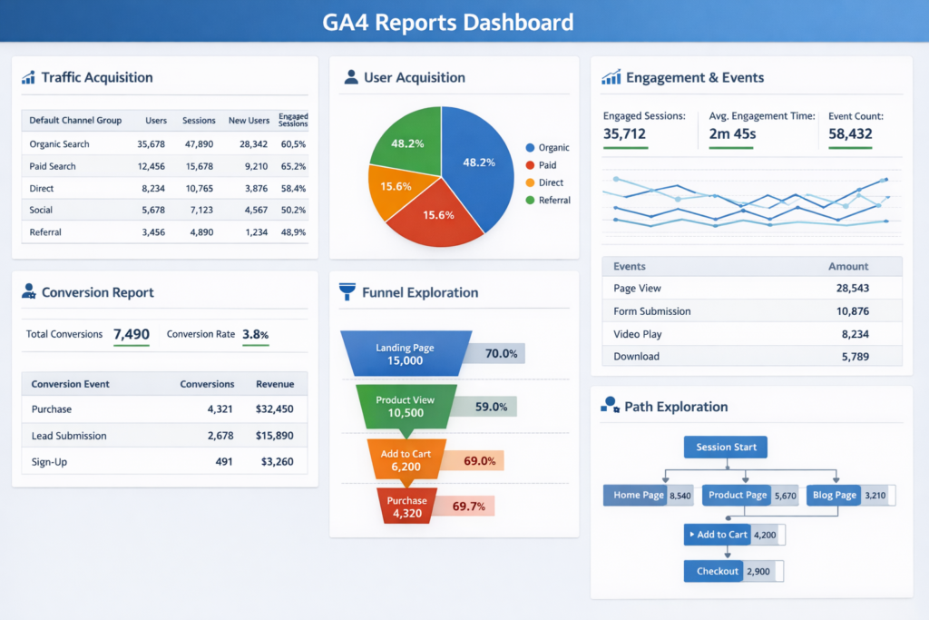 GA4 reports dashboard showing traffic acquisition, user acquisition, Engagement & Events, Conversion Report, Funnel Exploration and Path Exploration for a marketing website