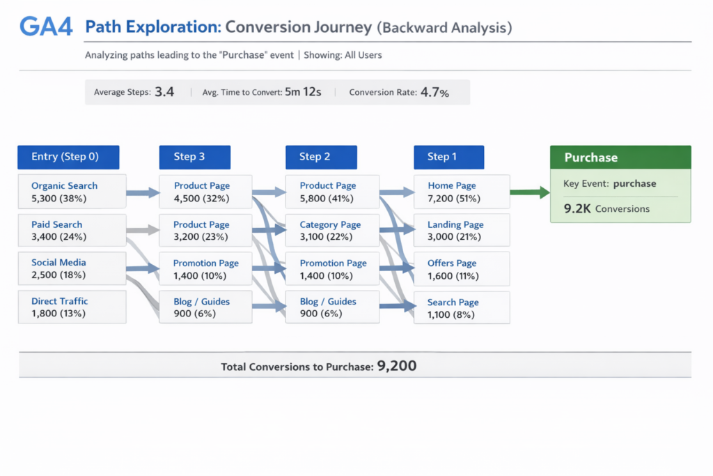 GA4 path exploration showing visitor navigation and pre-conversion paths