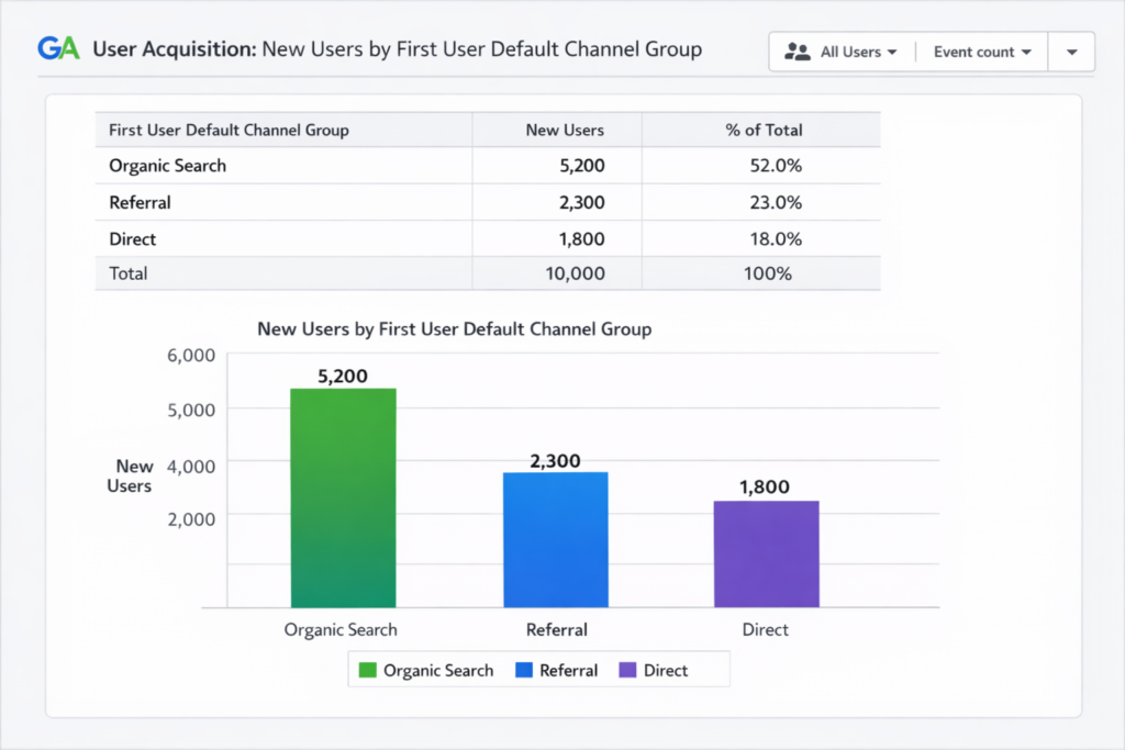 GA4 user acquisition report showing new users by first user source