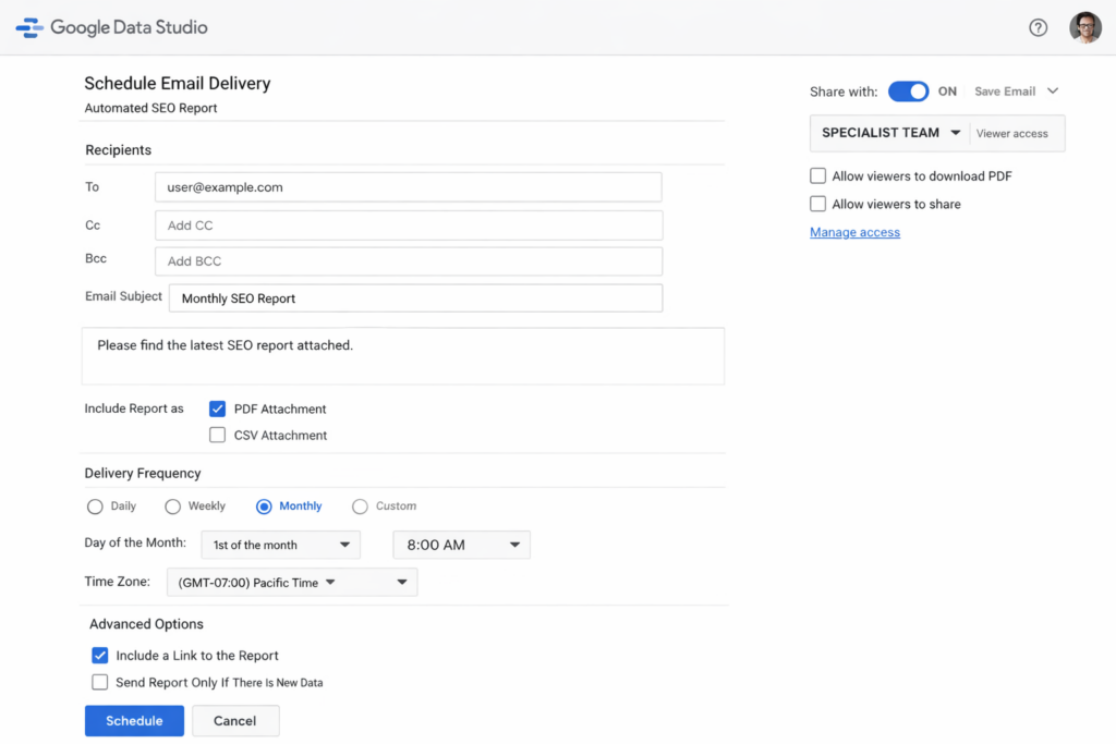 Automated report scheduling and sharing settings interface