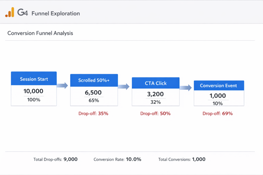 GA4 funnel exploration showing conversion stages and drop-off rates