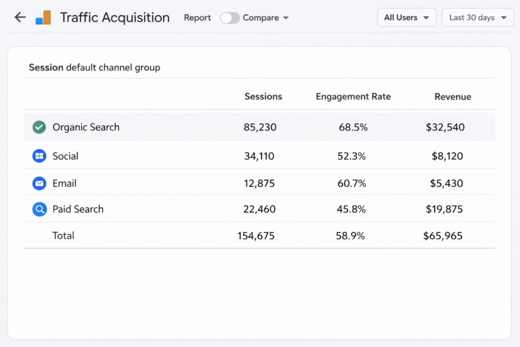 GA4 traffic acquisition report showing channel performance breakdown