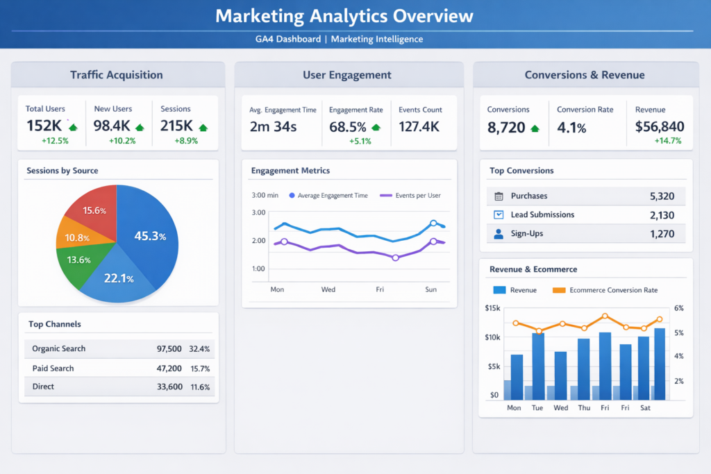 GA4 marketing analytics dashboard showing best reports for decision making