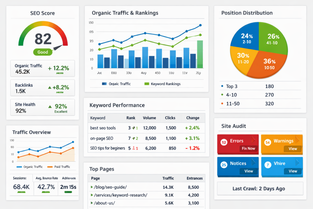 Various chart types including scorecards, line graphs, and tables