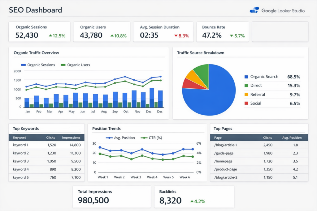 Clean, professional SEO dashboard layout with organized widgets