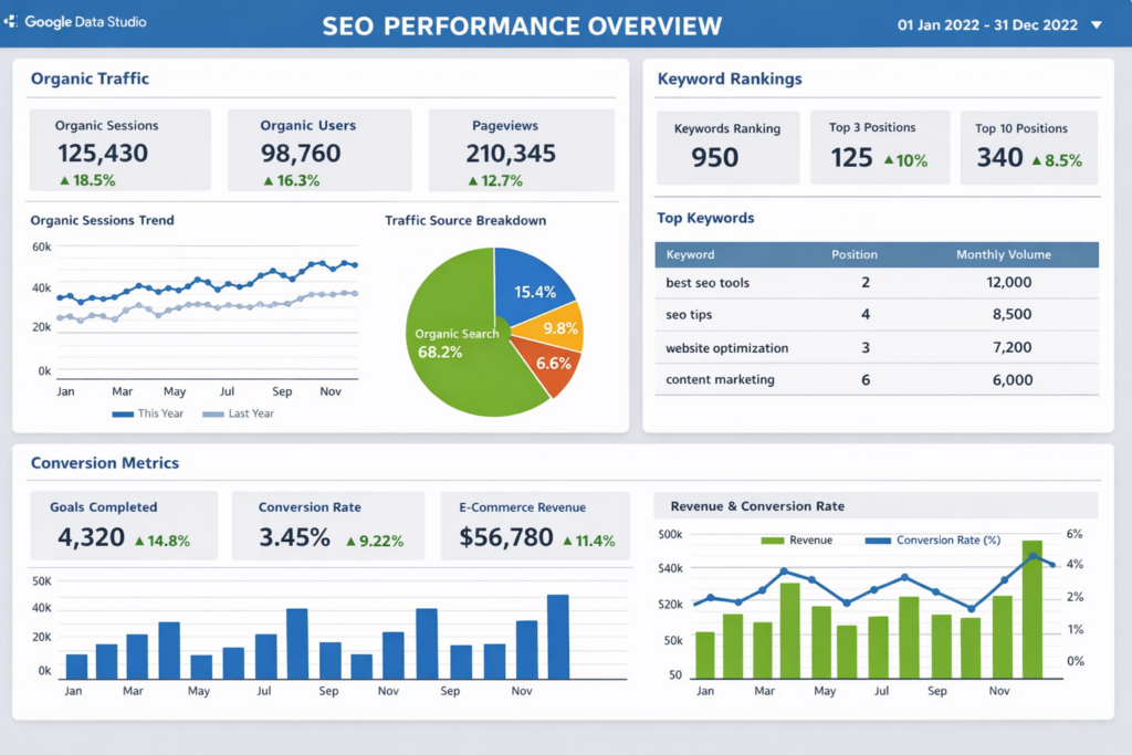 Google Data Studio SEO dashboard overview with multiple widgets and metrics